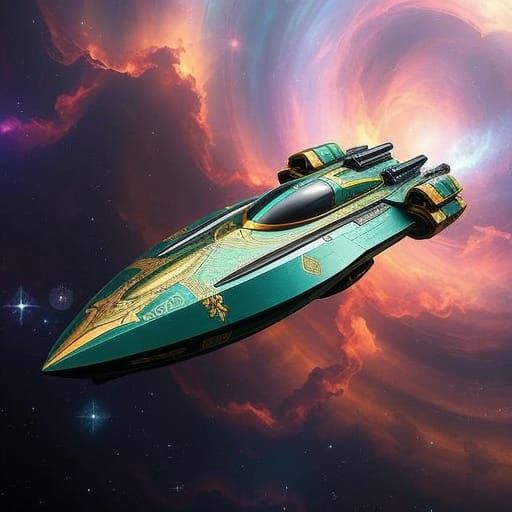 Regal Wanderer Starship Flies Through Emerald Space