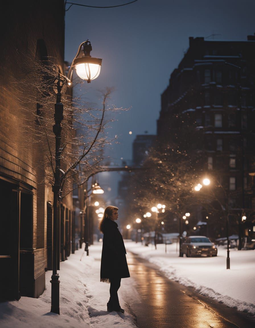 Woman Walking Down Snowy Chicago Street at Golden Hour