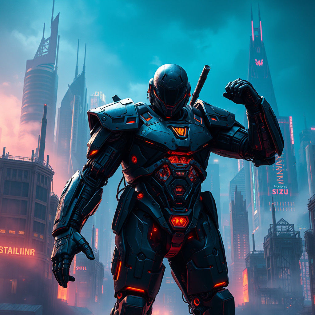 Cyborg Warrior in Neon Dystopia: Matte Painting