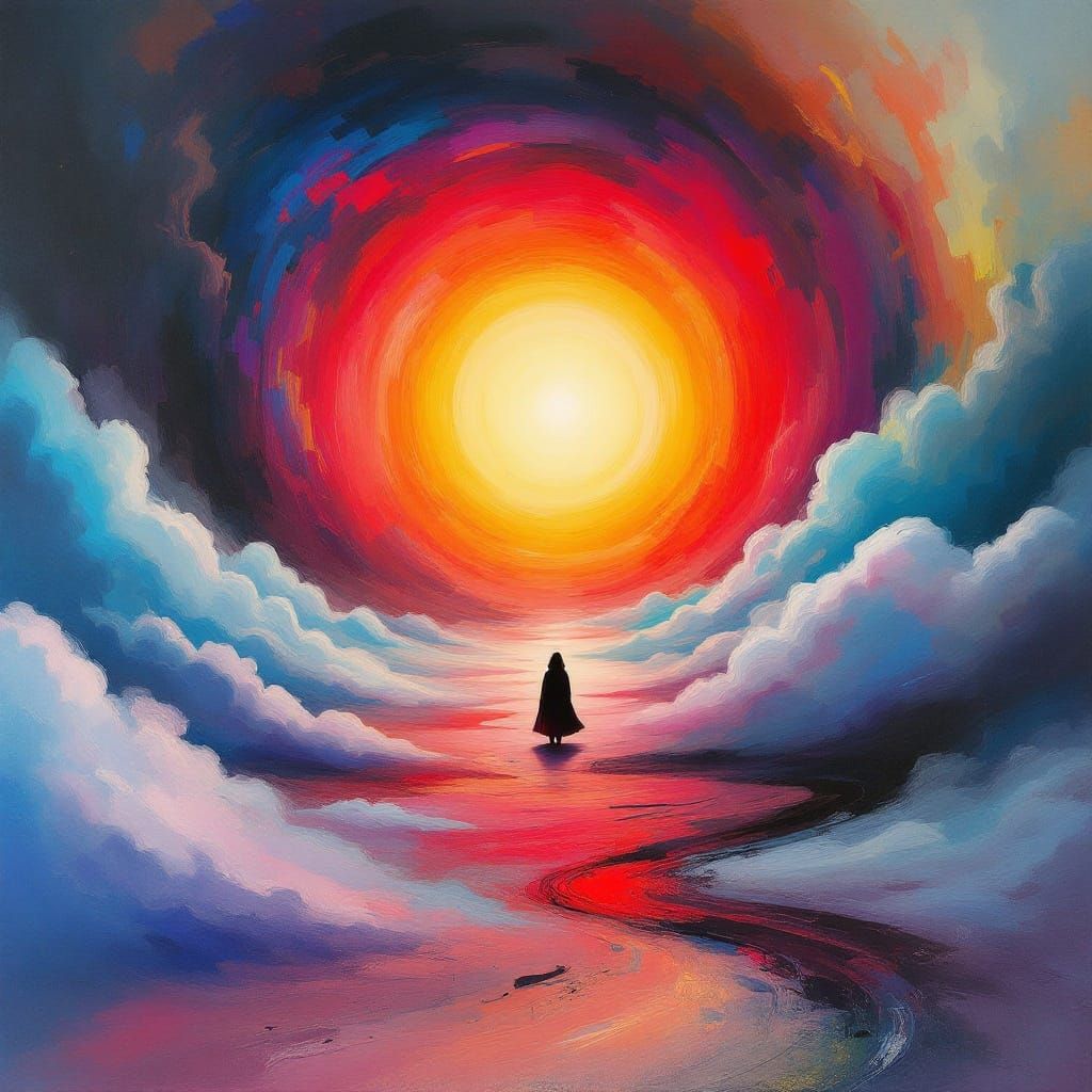 Surreal Figure Navigates Distorted Gravity Landscape