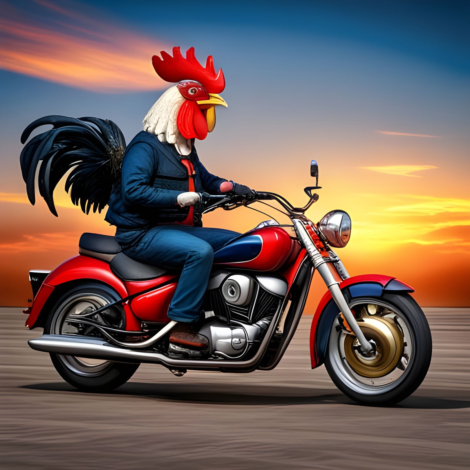 Humanoid Rooster Rides Motorcycle: Hyperrealistic Render