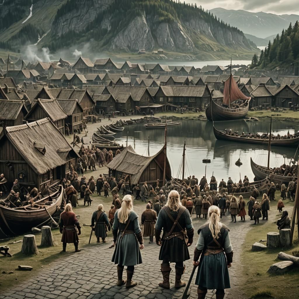 Viking Town Port with Ships and Warriors