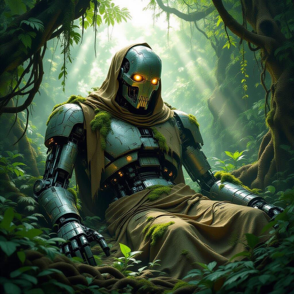 Ancient Automaton in Overgrown Jungle, Biomechanical Art
