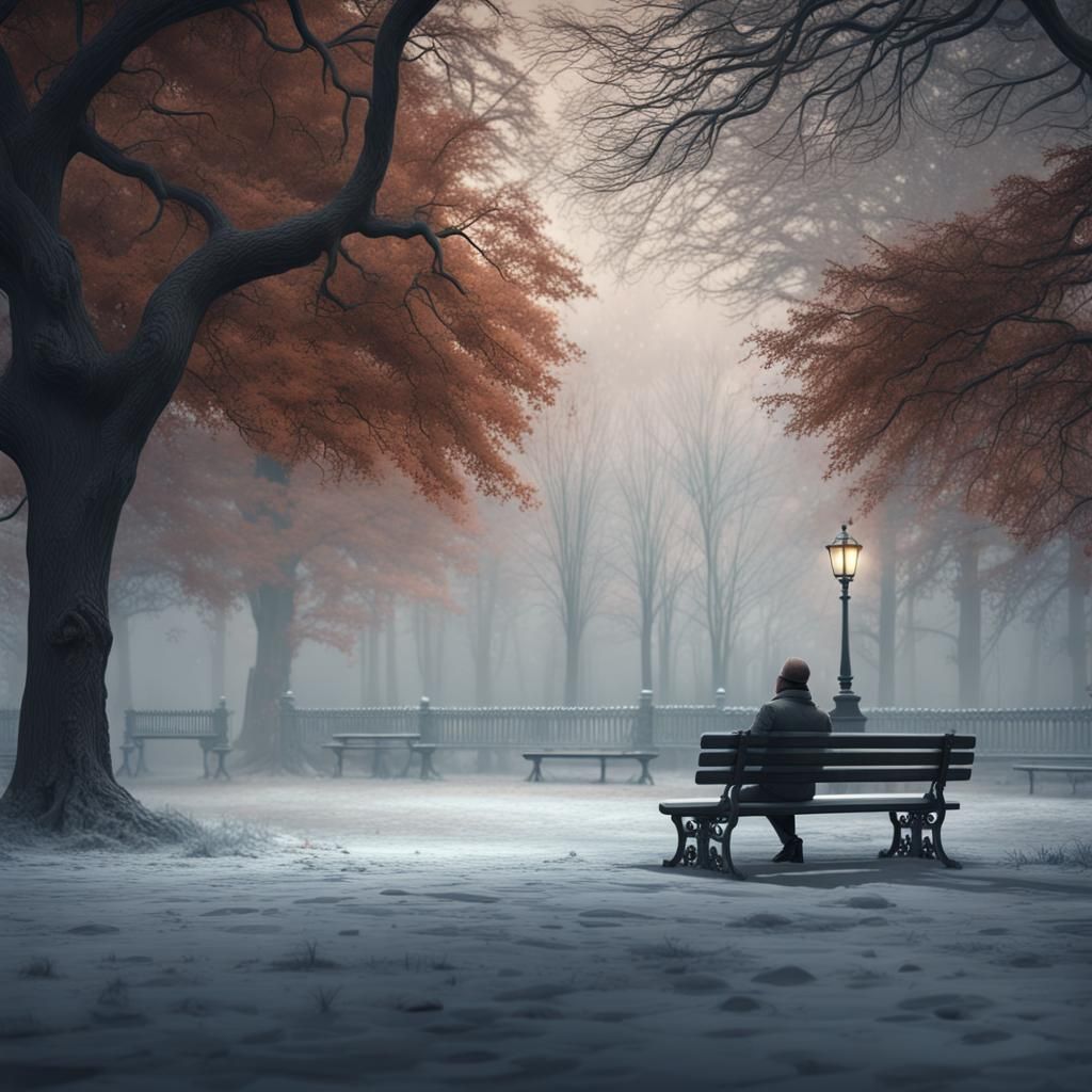 Winter Solitude: Foggy Park Bench in Detailed Matte Painting