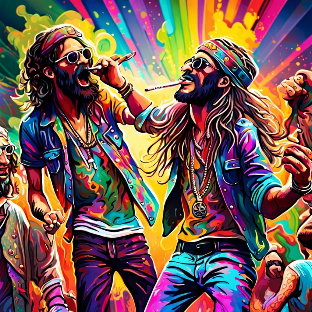 Hyperrealistic Hippie Hipsters Dancing at Concert