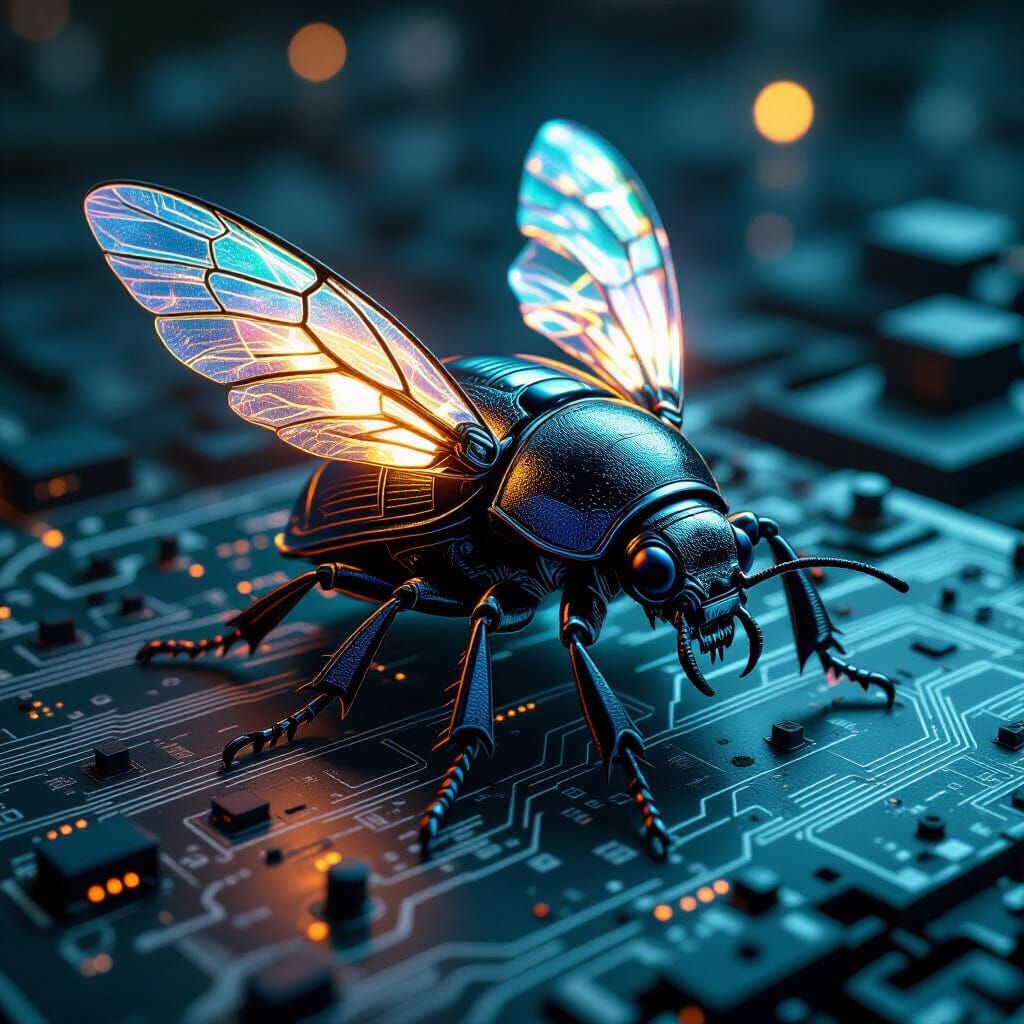 Biomechanical Scarab Beetle on Decaying Circuit Board