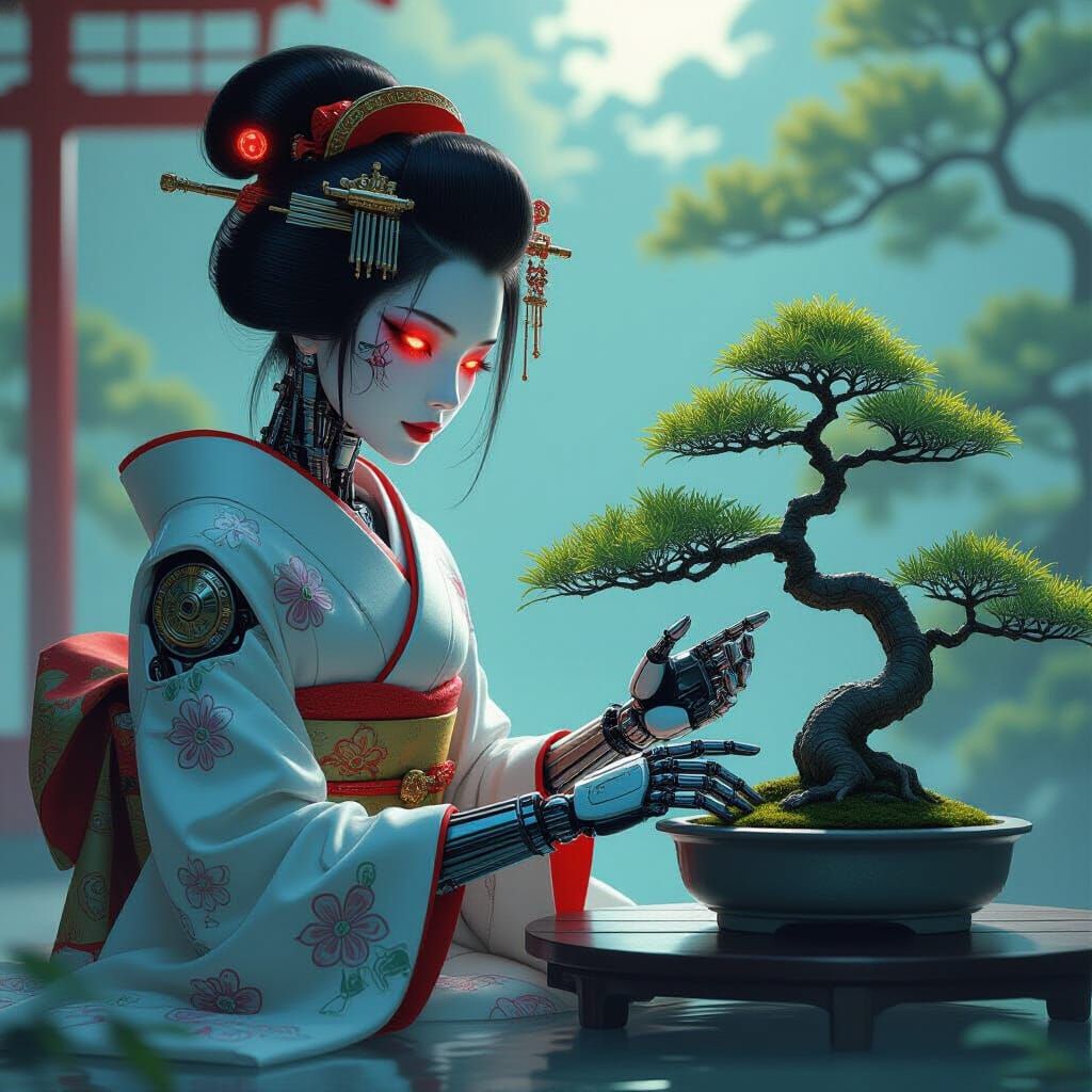 Cyborg Geisha in Zen Garden: Hyperrealistic Digital Painting