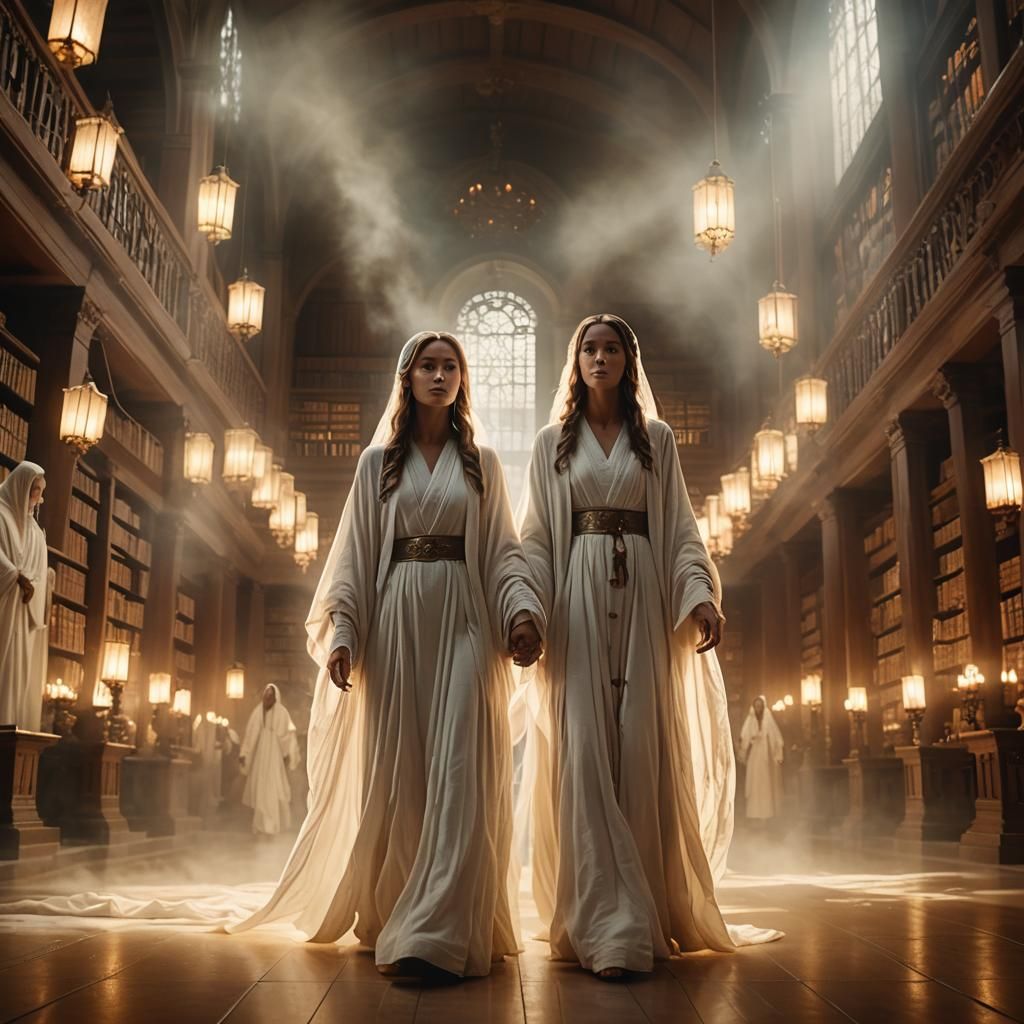 Ethereal Ghost Woman in Ancient Library