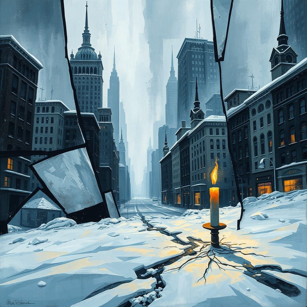 Frozen City in Cubist Style, Echoing Post-Apocalyptic Turmoi...