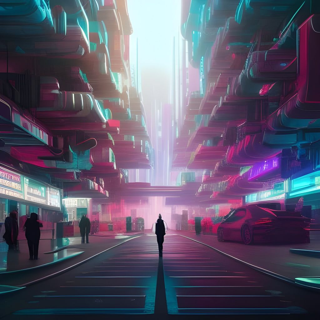 Futuristic Cityscape with Neon Lights and People