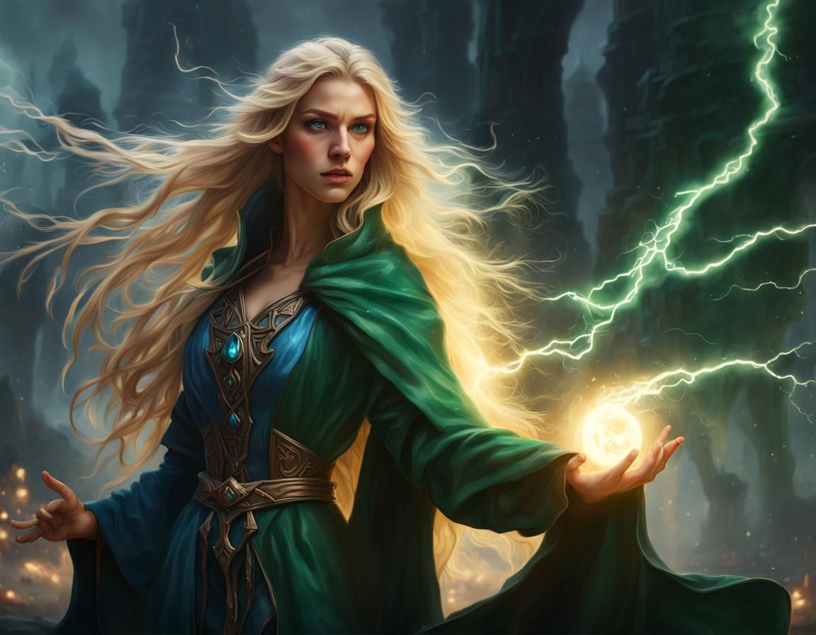 Elf Mage Casting Lightning, Dark Fantasy Art