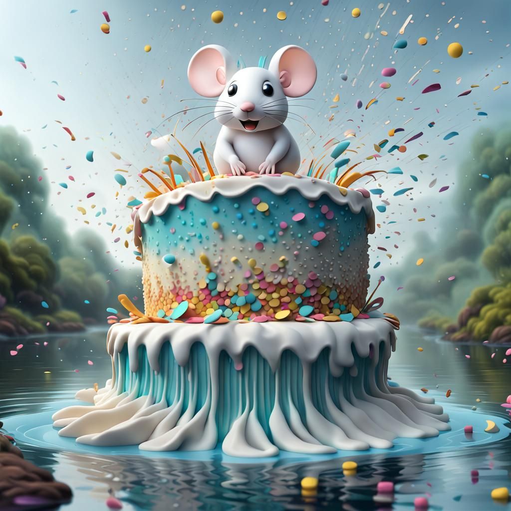 Joyous Celebration: Mouse, Cake, and Confetti Rain