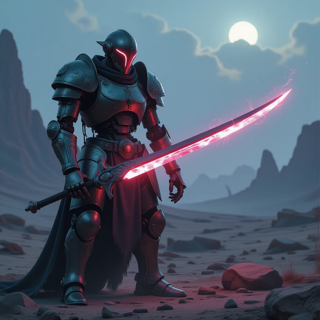 Ancient Automaton Guarding Alien Landscape with Plasma Sword