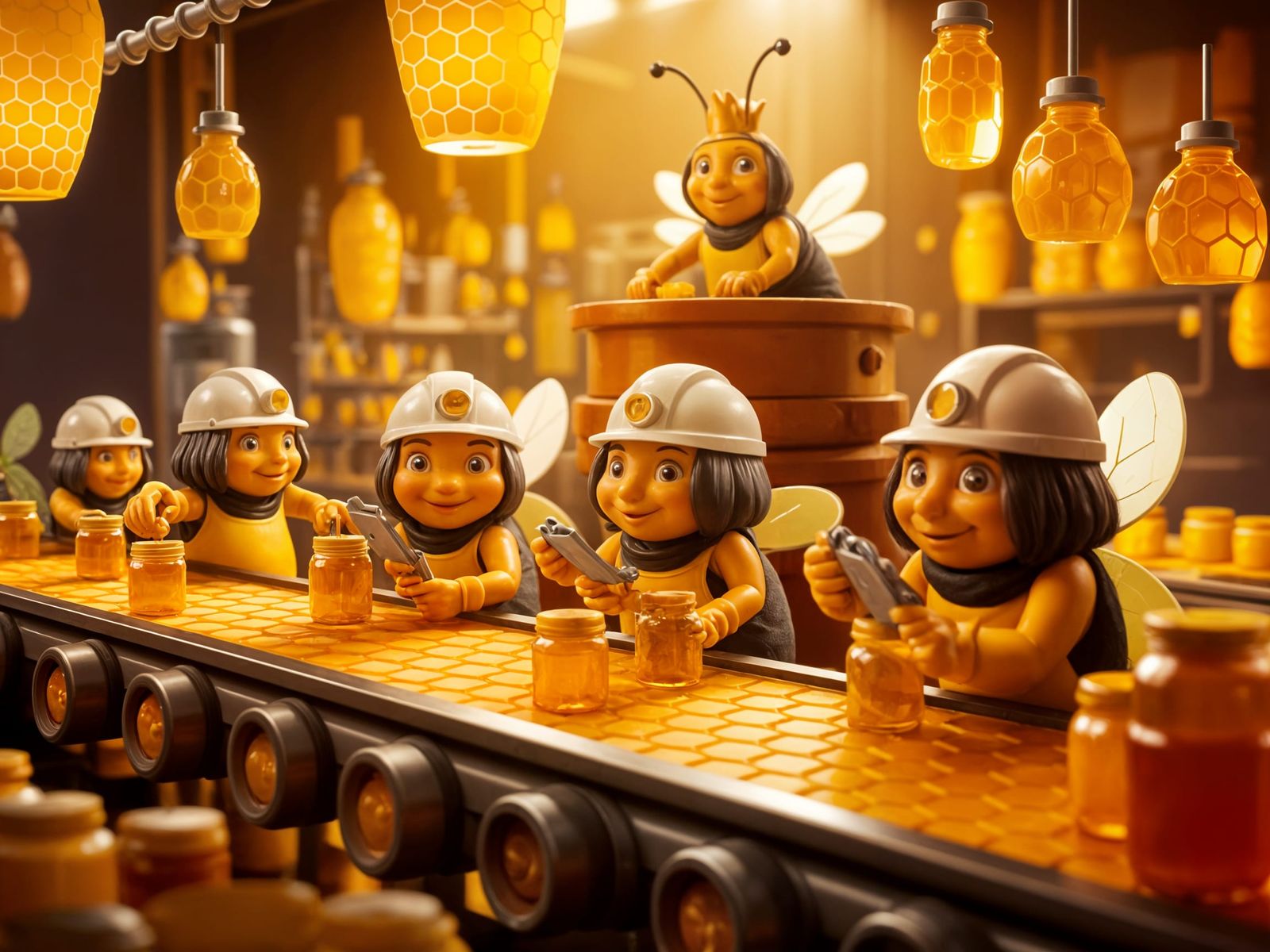 Whimsical Cartoon Bees in Honeycomb Factory