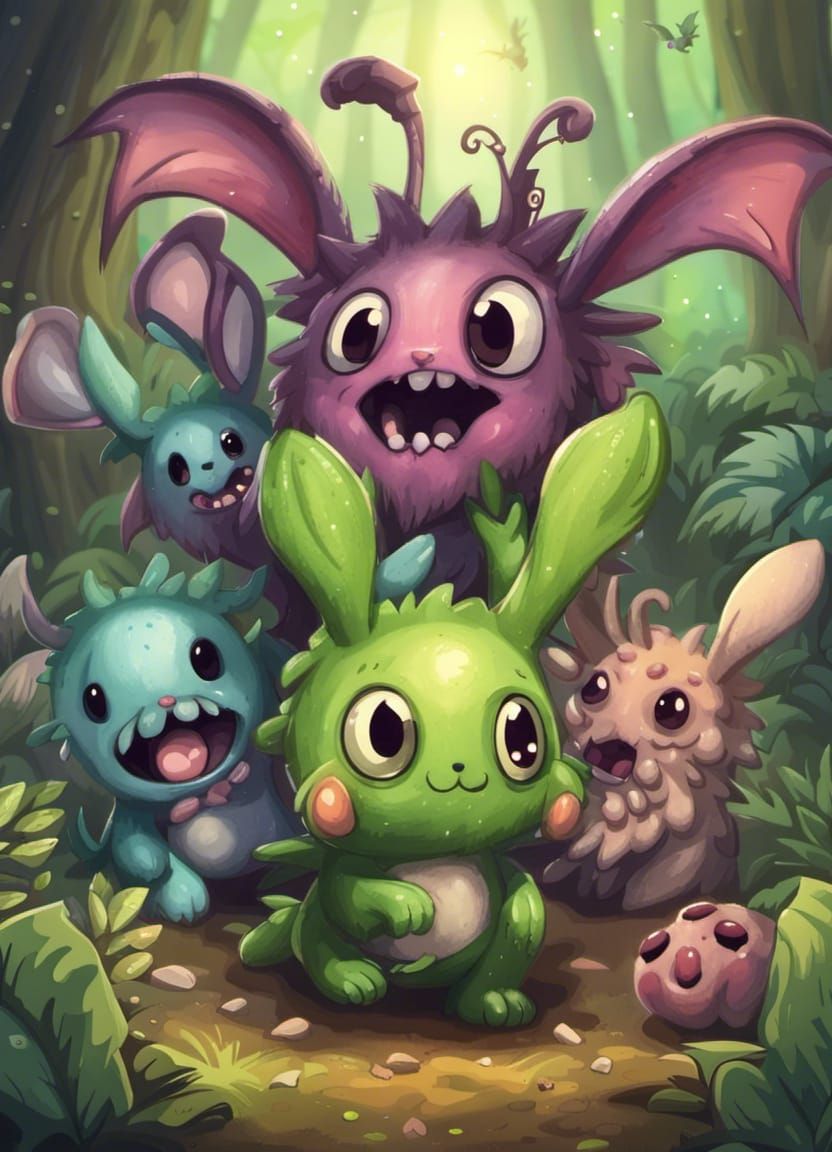 Cute Furry Monsters Play in Forest