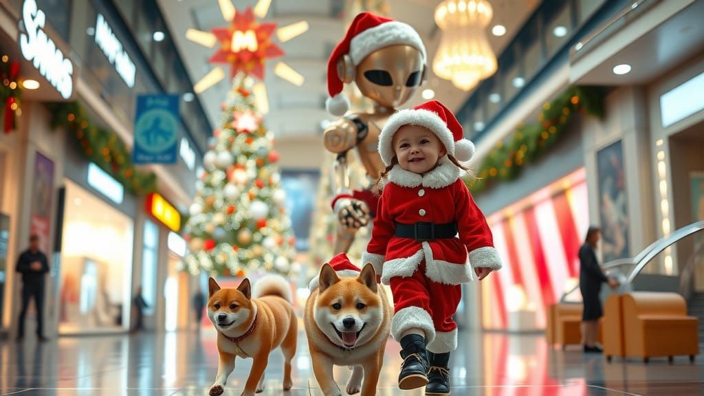 Cinematic Christmas Scene with Robot, Girl, and Dog