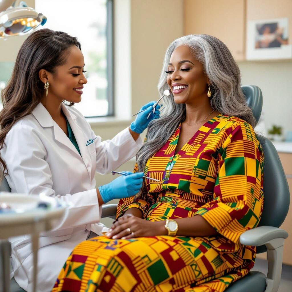 Elegant Woman in Dental Clinic, Vibrant Kente Dress