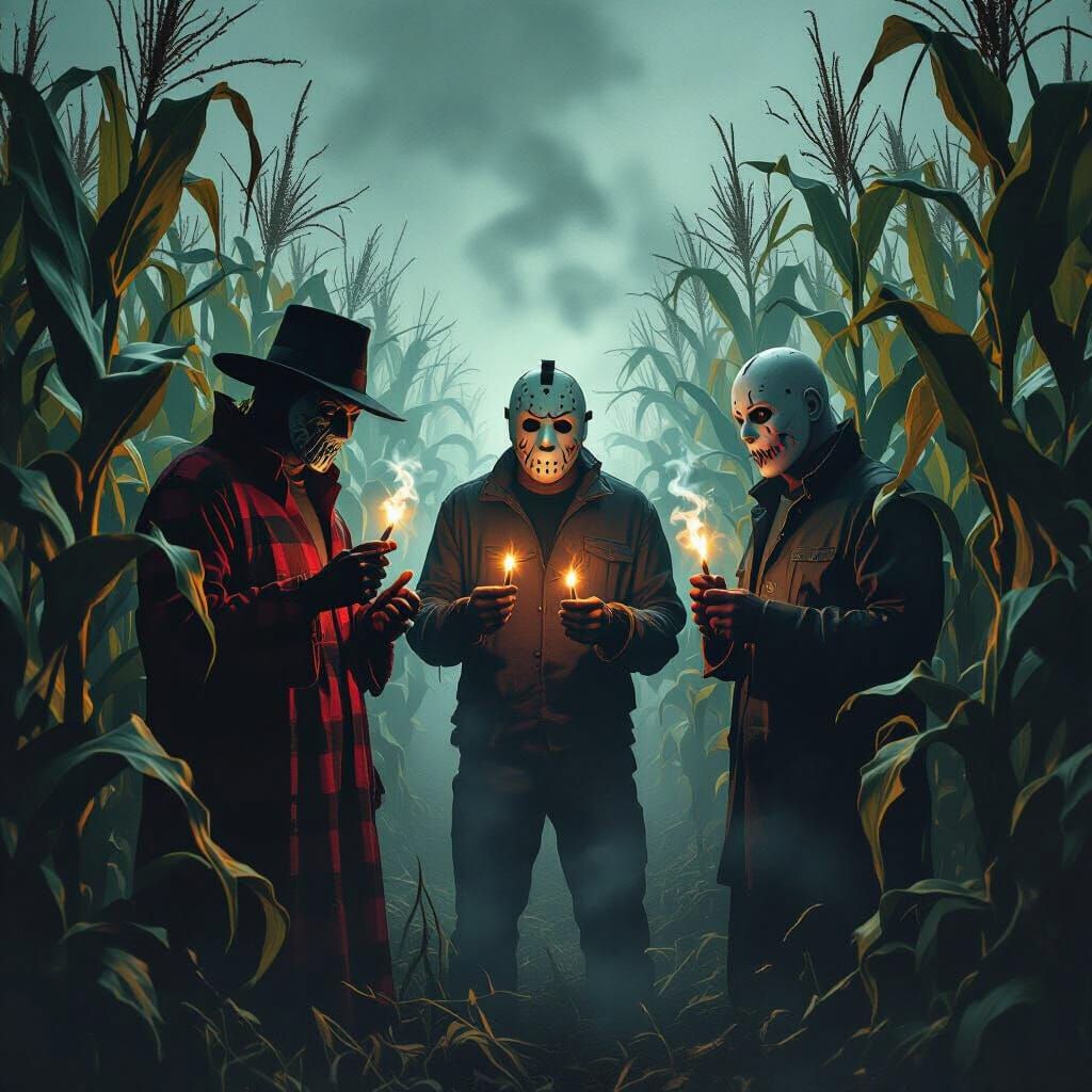 Horror Villains Smoking Joints in Foggy Corn Maze