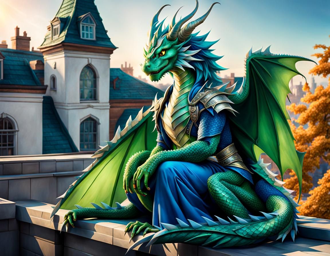 Green Dragon-Girl on Rooftop in Panoramic View