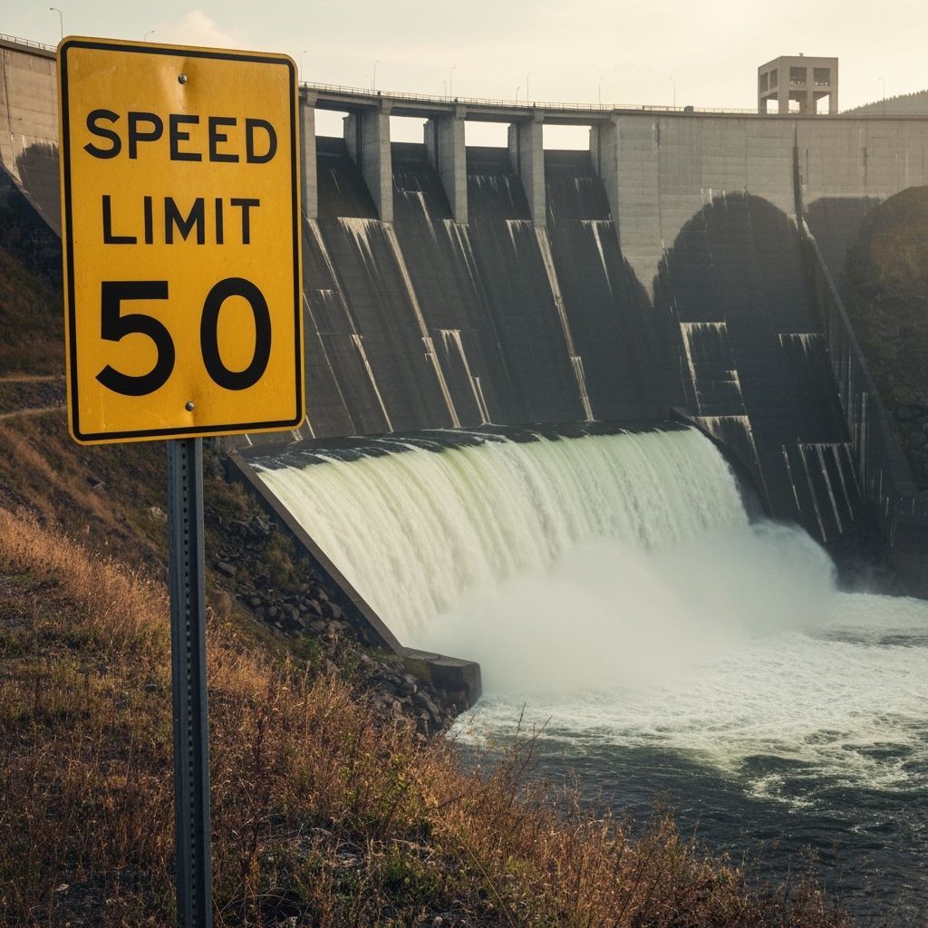 Speed Limit Sign Meets Modern Dam: Retrofuturistic Art