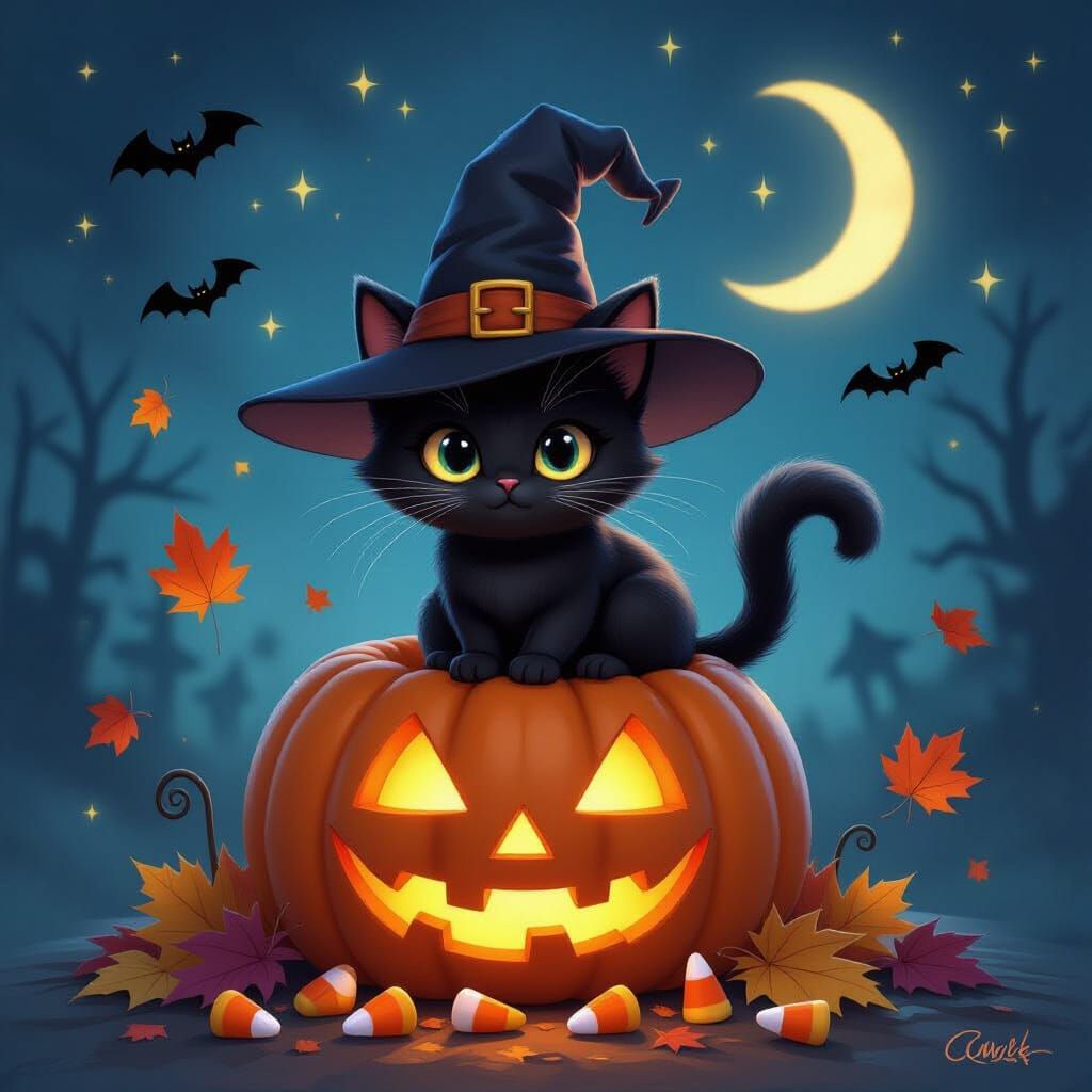 Mischievous Cat on Jack-o'-Lantern with Autumn Magic
