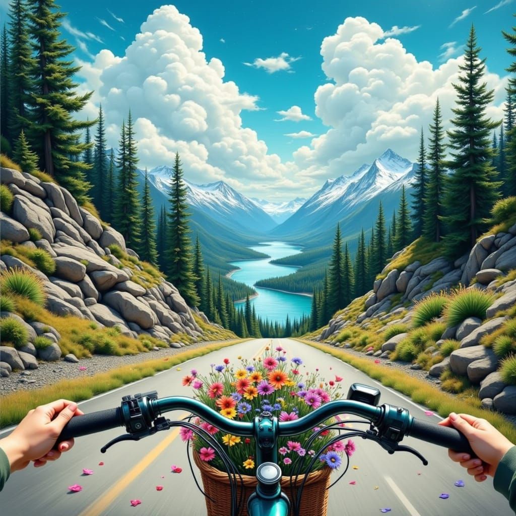 POV Bicycle Ride Through Scenic Mountains with Wildflowers