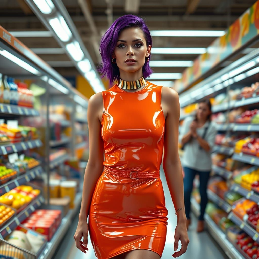Confident Woman Strolls Down Grocery Aisle in Vibrant Latex ...