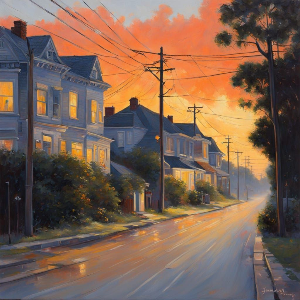 Suburb at Dawn in Impressionist Oil Painting Style