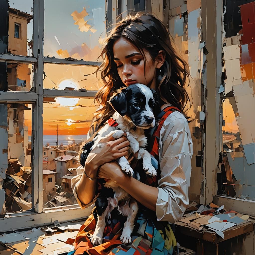 Vibrant Cubist Girl with Puppy Basks in Sunset Glow