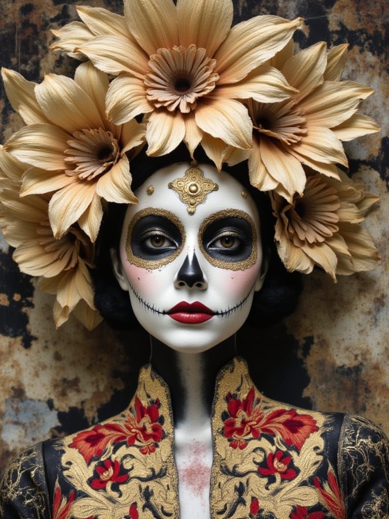 Dia de los Muertos Woman with Gilded Psychedelic Foliage