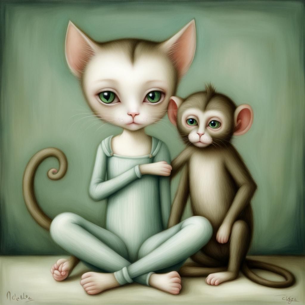 Cat on Monkey Shoulder in Surreal Style