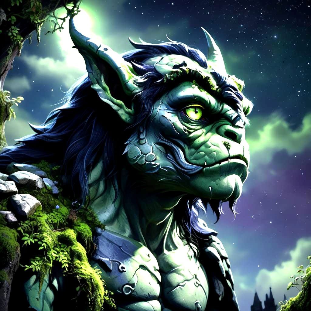 Hyperrealistic Gargoyle with Glowing Eyes in Starry Night