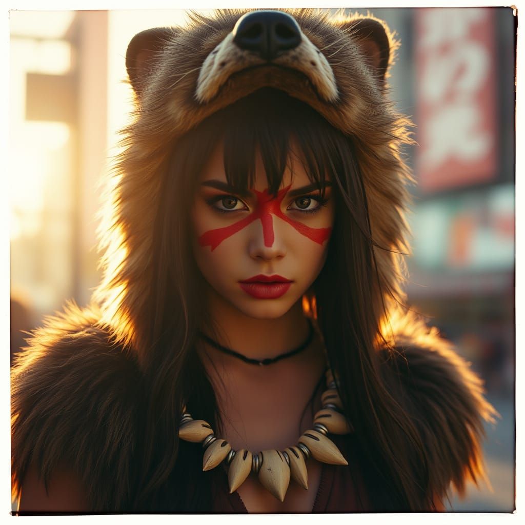 Cosplayer as Ancient Forest Spirit in Urban Chaos