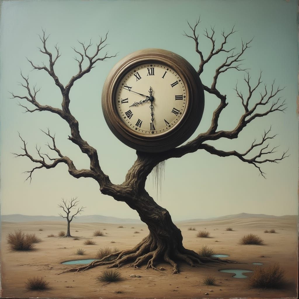 Surreal Melting Clock on Barren Tree in Arid Landscape
