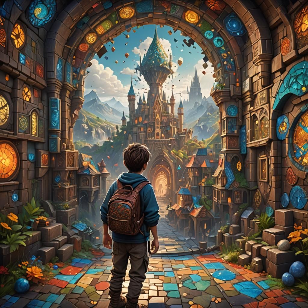 Mosaic Panorama of a Happy Childhood in Detailed Painting