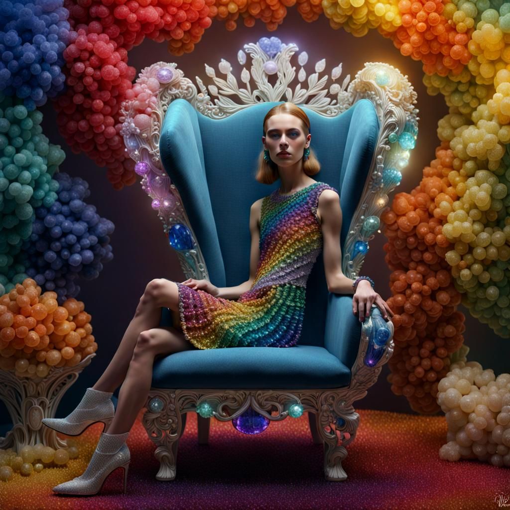 Model in Dazzling Crystal Chair, Rainbow Colors