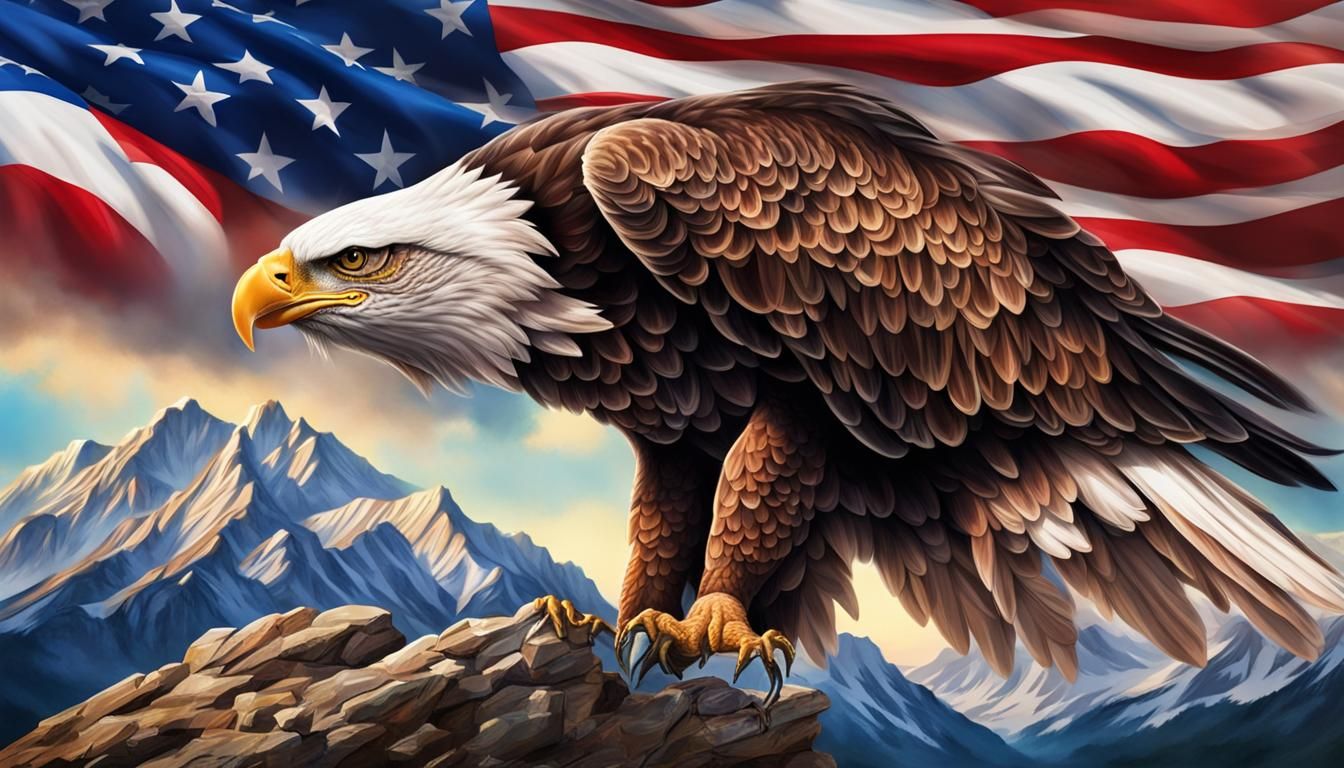Hyperrealistic Eagle on American Flagpole in Mountains