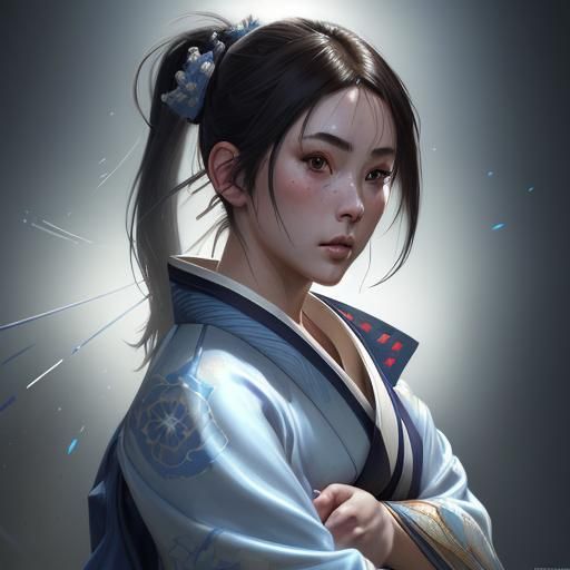 Happy Brunette Samurai in Silk Kimono: 8K Portrait