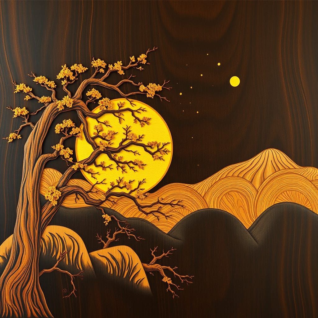 Wooden Masterpiece with Golden Repair in Art Nouveau Style