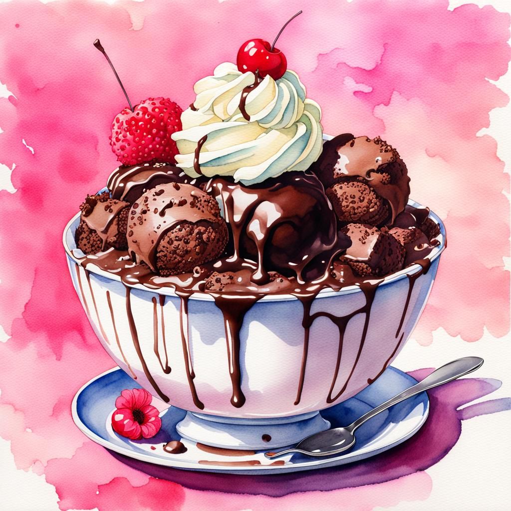 Delicious Chocolate Ice Cream Sundae in Watercolor Ink