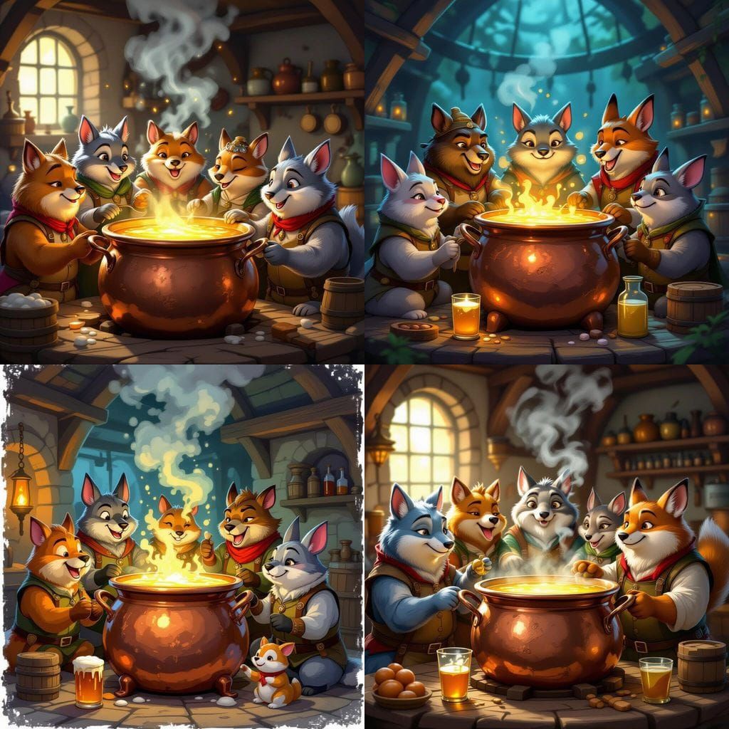 Animals Brewing Potent Potion in Copper Cauldron