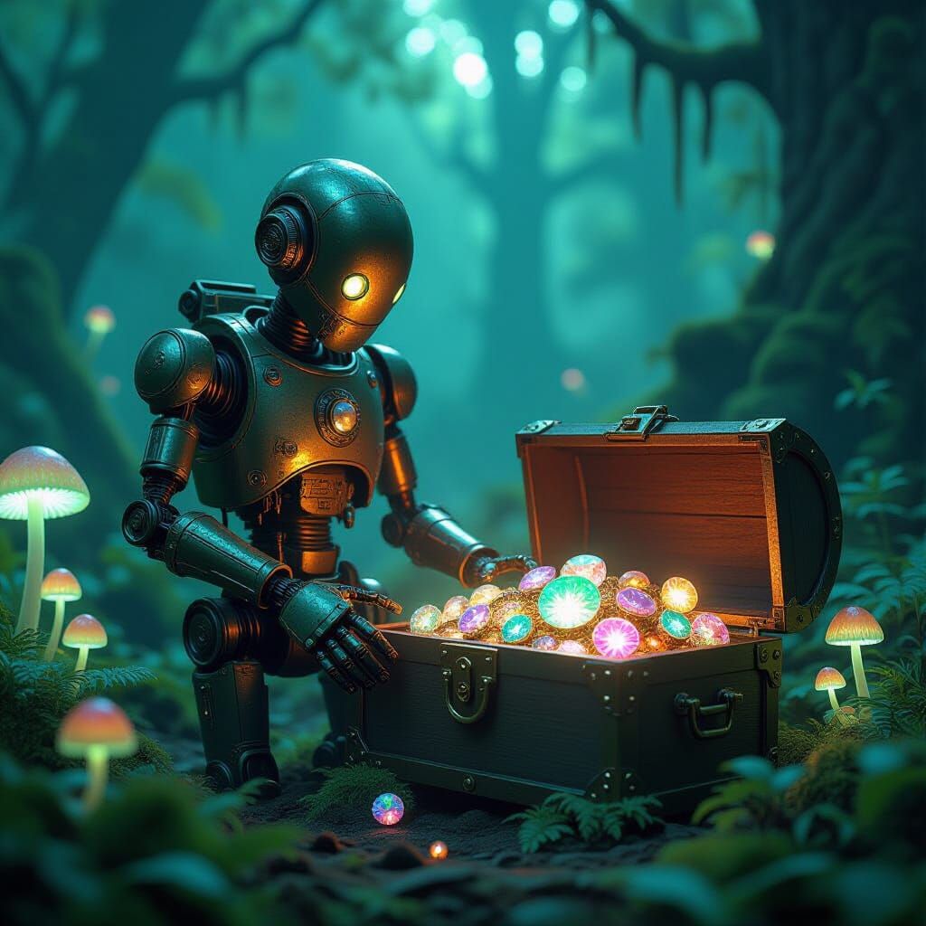 Victorian Automaton Guardian in Mystical Forest