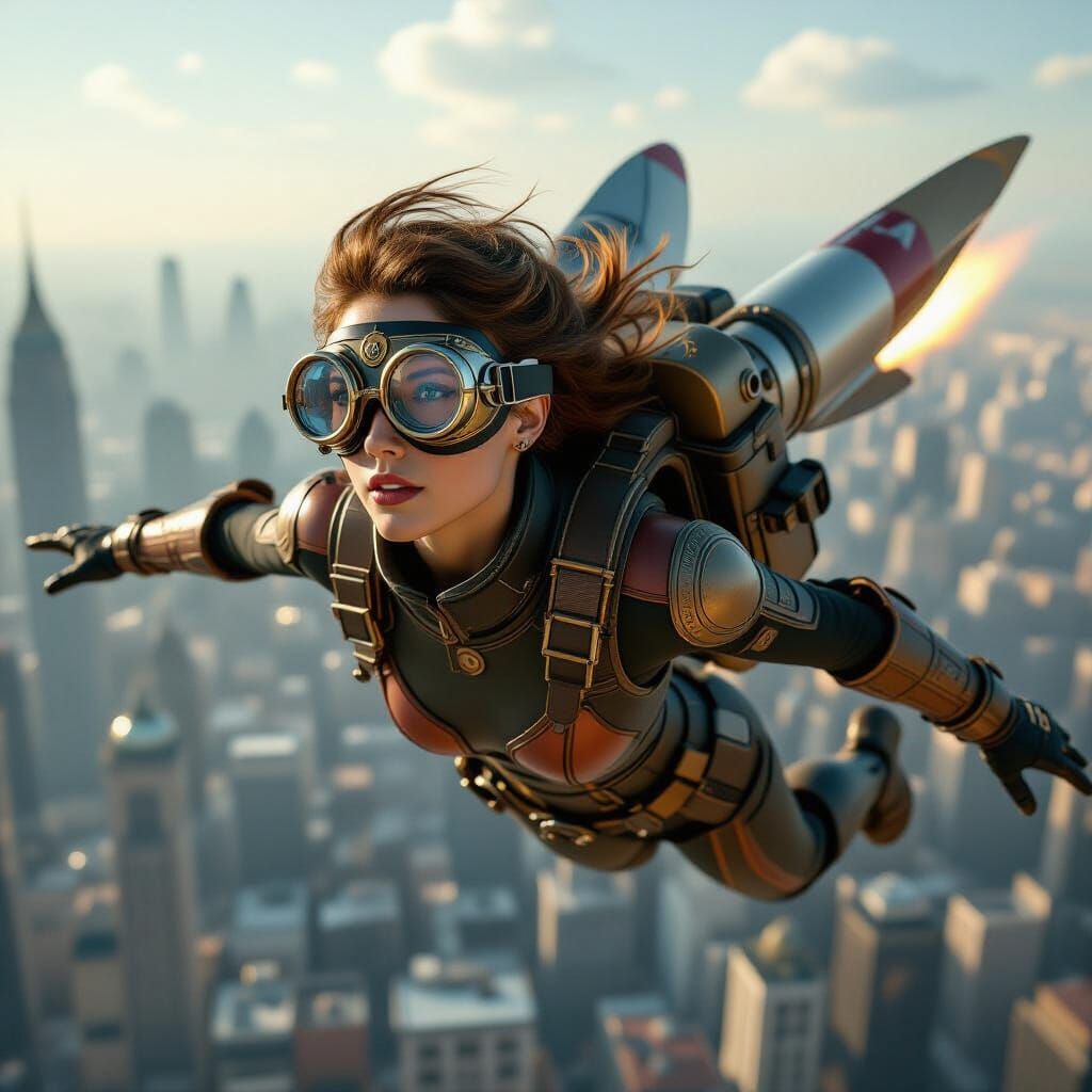 Steampunk Rocket Girl Soaring Above Cityscape