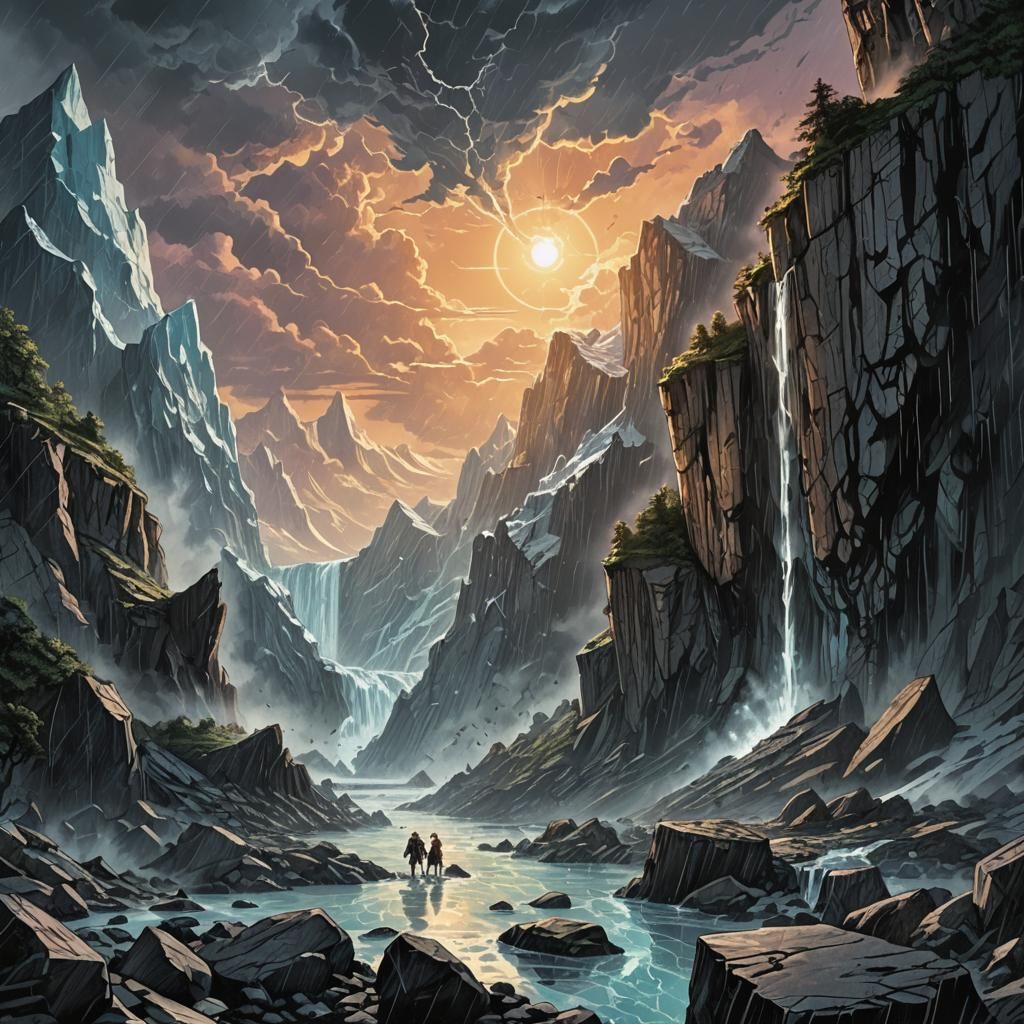 Glacier Cliff Shattering at Night in Retro Style