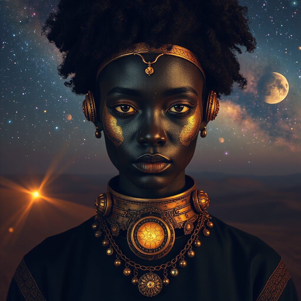 Afrofuturist Robot Fortune-Teller in Dreamlike Asteroid Trad...