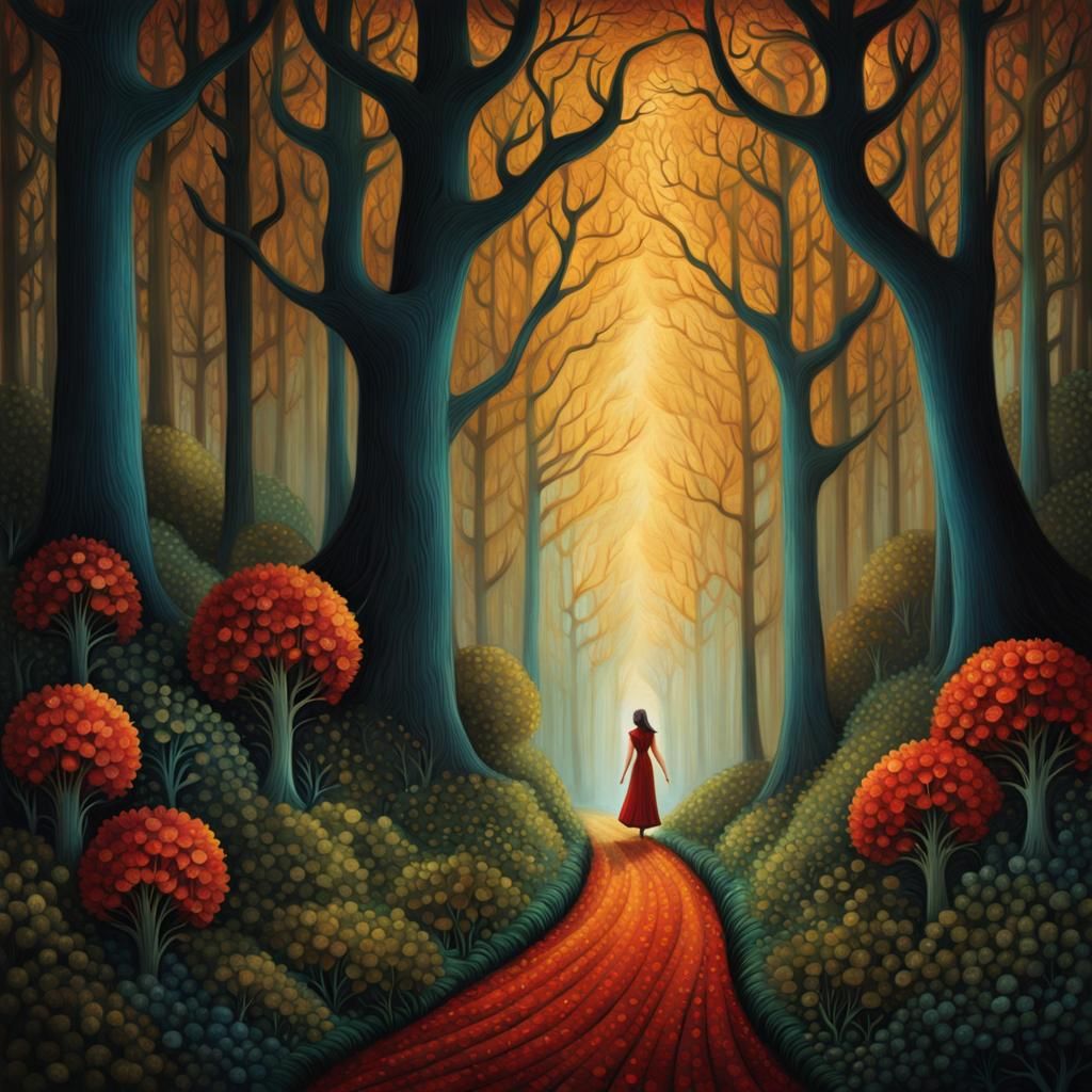 Woman on Forest Path: Detailed Digital Painting