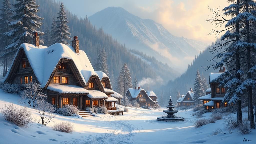Snowy Mountain Village in Oil Painting Style