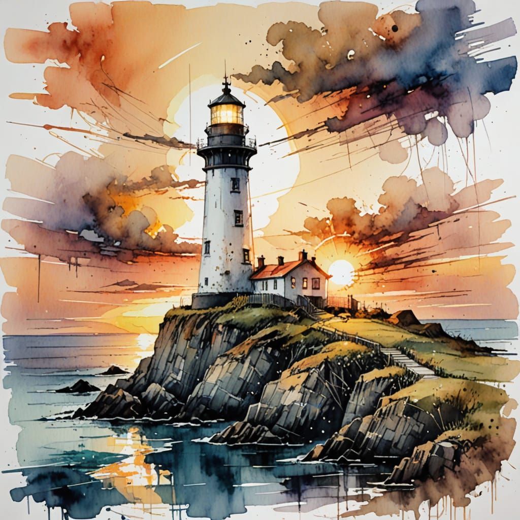Surreal Watercolour Sunset on a Secluded Lighthouse