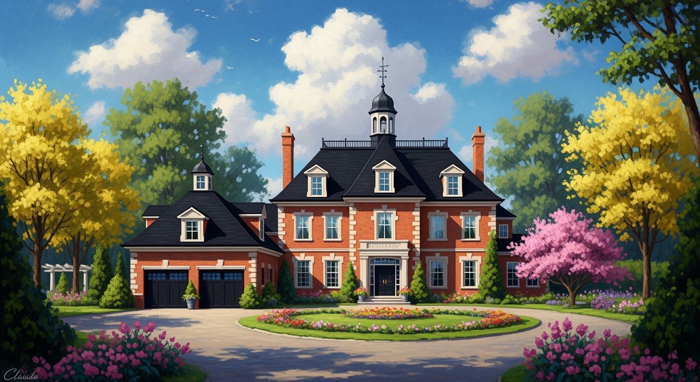 Grand Brick Chateau Surrounded by Vibrant Impressionist Tree...