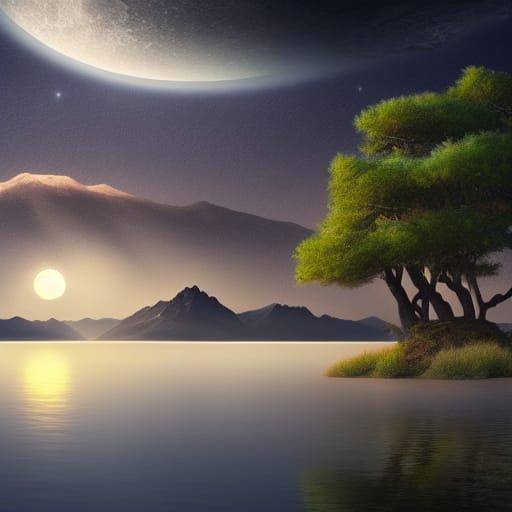 Glowing Reed Trees in Hourglass on Lake